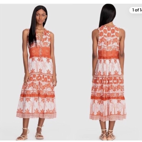 Johnny Was Maelle Cotton Silk Tiered Tropical Midi Dress Size XS - Picture 1 of 13